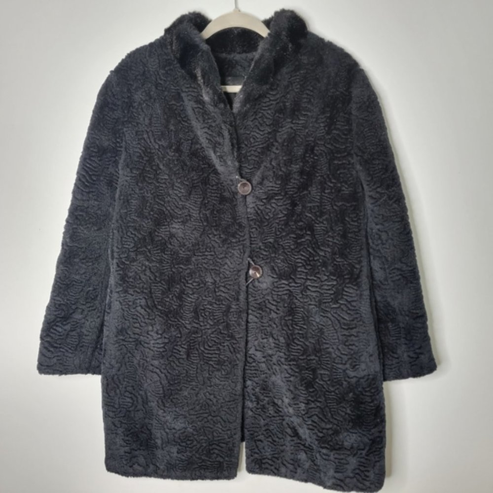 Vintage Princess Garment Medium Black Plush Textured Peacoat Jacket